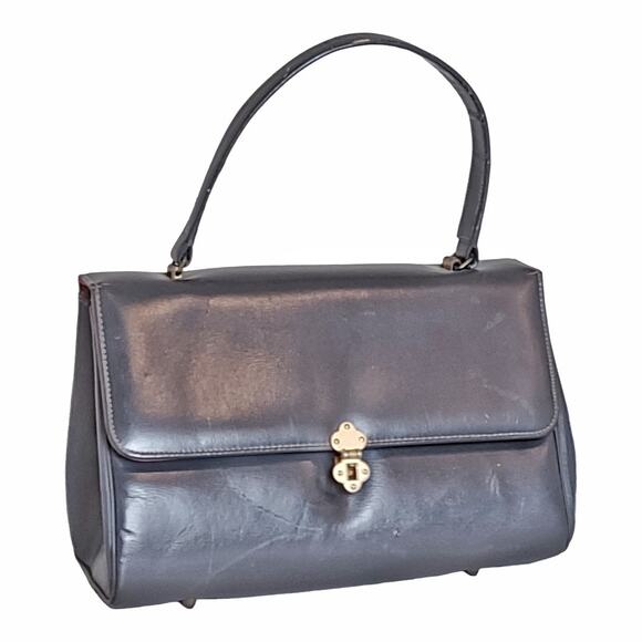 GLAMOUR Vintage Grey Leather Handbag Grandma Core Retro 60's 70's Top Handle - Picture 1 of 11